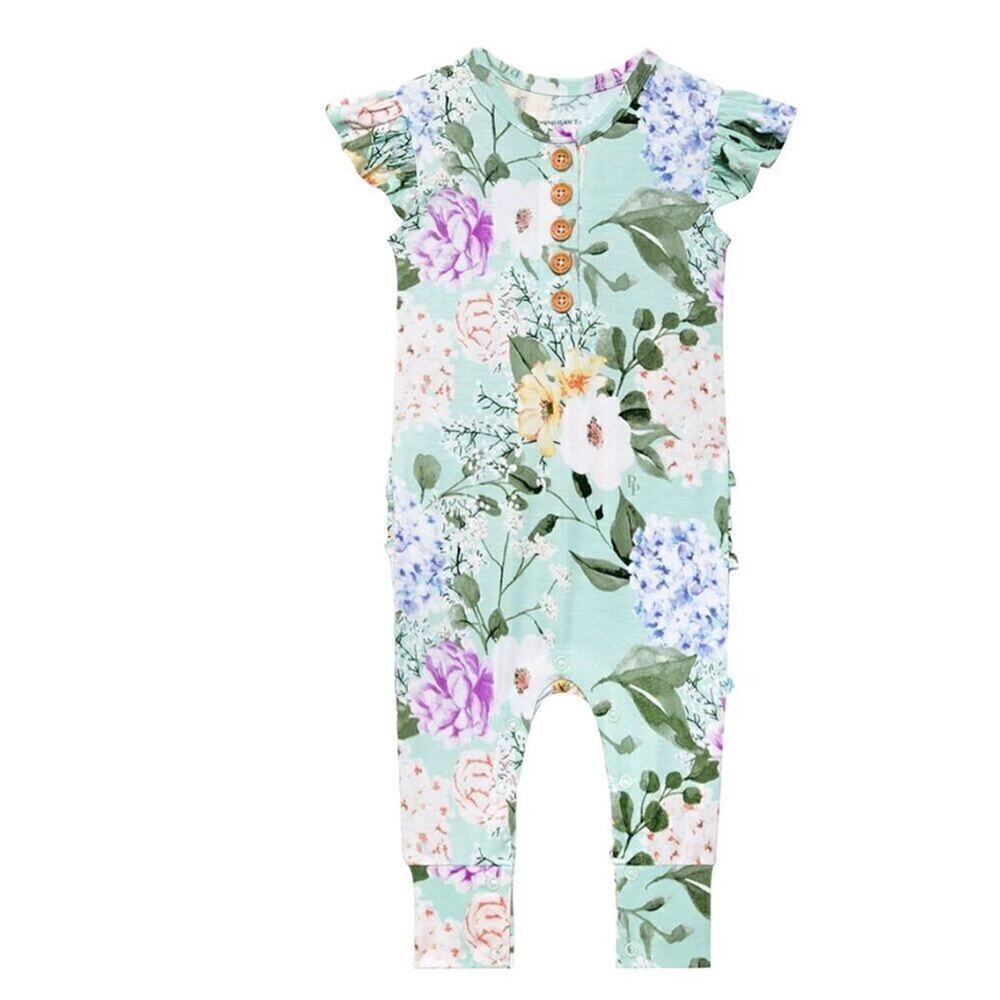 Posh Peanut Bamboo Erin Minty AOP Henley Romper 9-12 months NWT Soft Girl Pastel